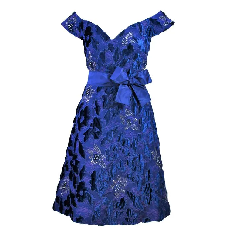 ARNOLD SCAASI 1980s Blue Velvet & Satin Cocktail Dress Size 8