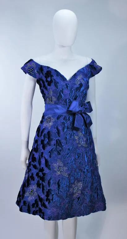 ARNOLD SCAASI 1980s Blue Velvet & Satin Cocktail Dress Size 8