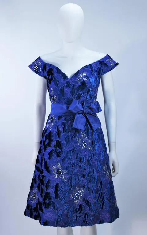 ARNOLD SCAASI 1980s Blue Velvet & Satin Cocktail Dress Size 8