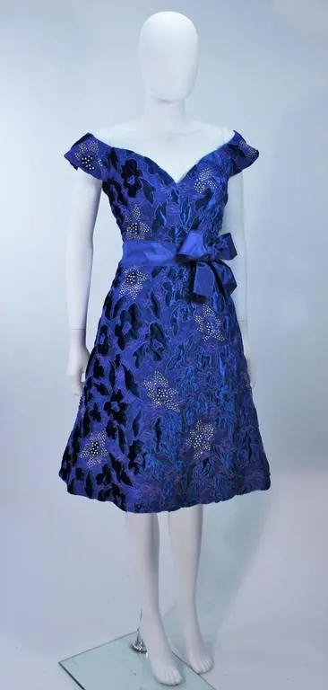 ARNOLD SCAASI 1980s Blue Velvet & Satin Cocktail Dress Size 8