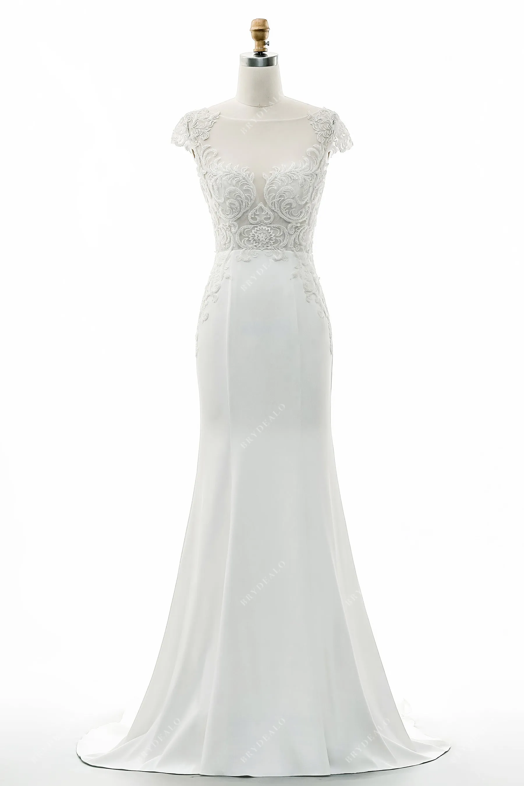 Beaded Cap Sleeve Satin Mermaid Wedding Gown