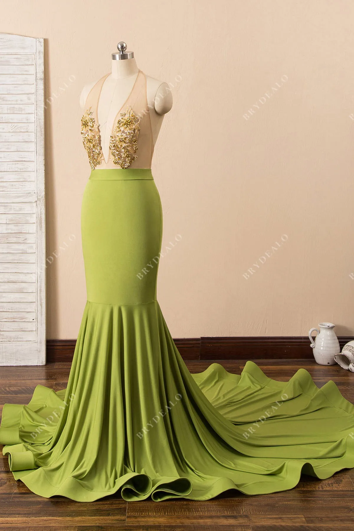 Beaded Moss Green Jersey Mermaid Prom Dress