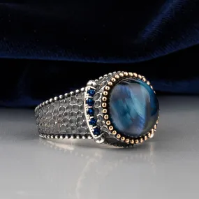 Domic Blue Tiger Eye Stone Circle Silver Men's Ring with Blue Zircons on Sides