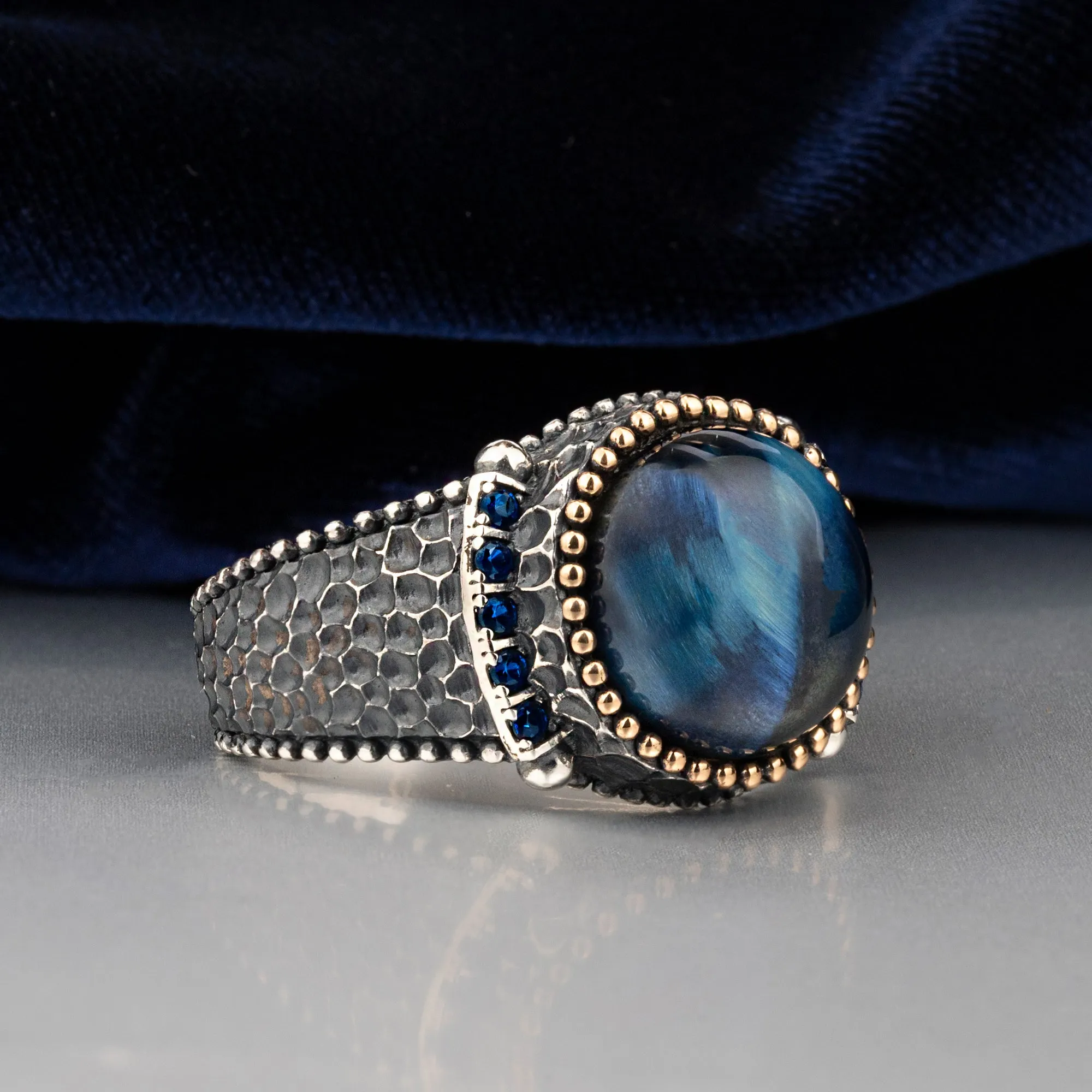 Domic Blue Tiger Eye Stone Circle Silver Men's Ring with Blue Zircons on Sides