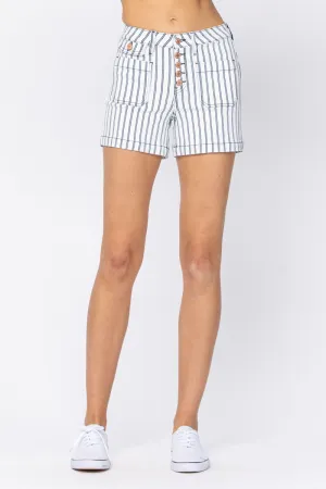 L ONLY Judy Blue: Sailing Away - Blue Pinstripe Button Fly Shorts