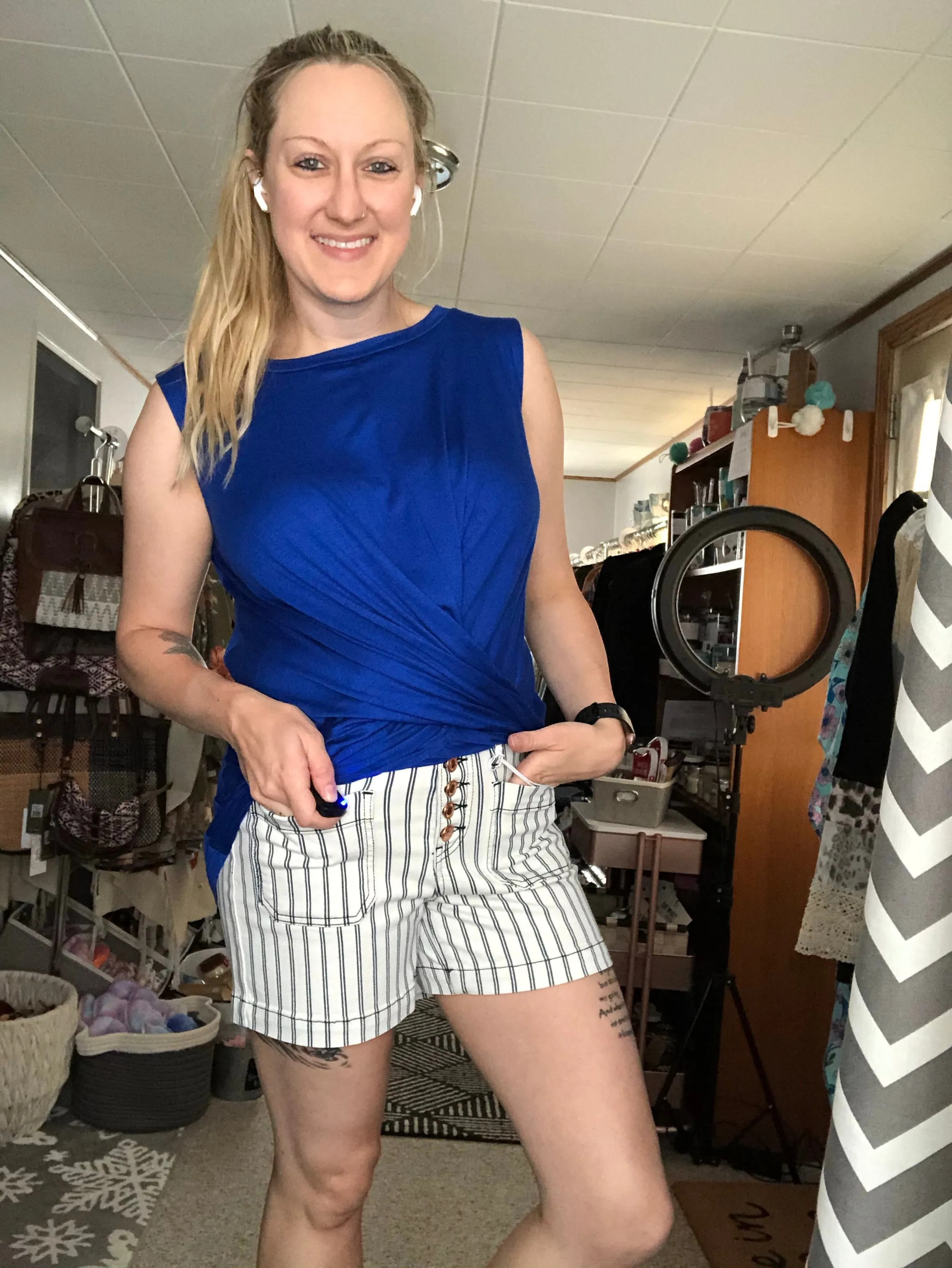 L ONLY Judy Blue: Sailing Away - Blue Pinstripe Button Fly Shorts